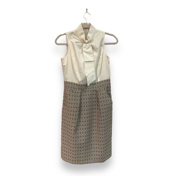 Ellen Tracy Dress Sz 4 Mod Style Vintage Sleeveless White Tan Pockets Diamond - Picture 1 of 12